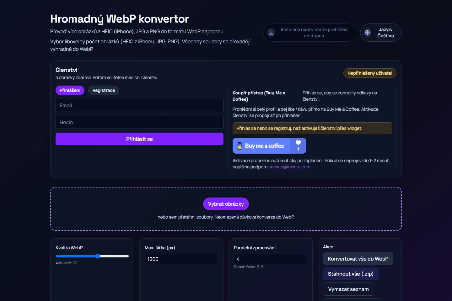WebP konvertor s výběrem obrázků a nastavením hromadného převodu
