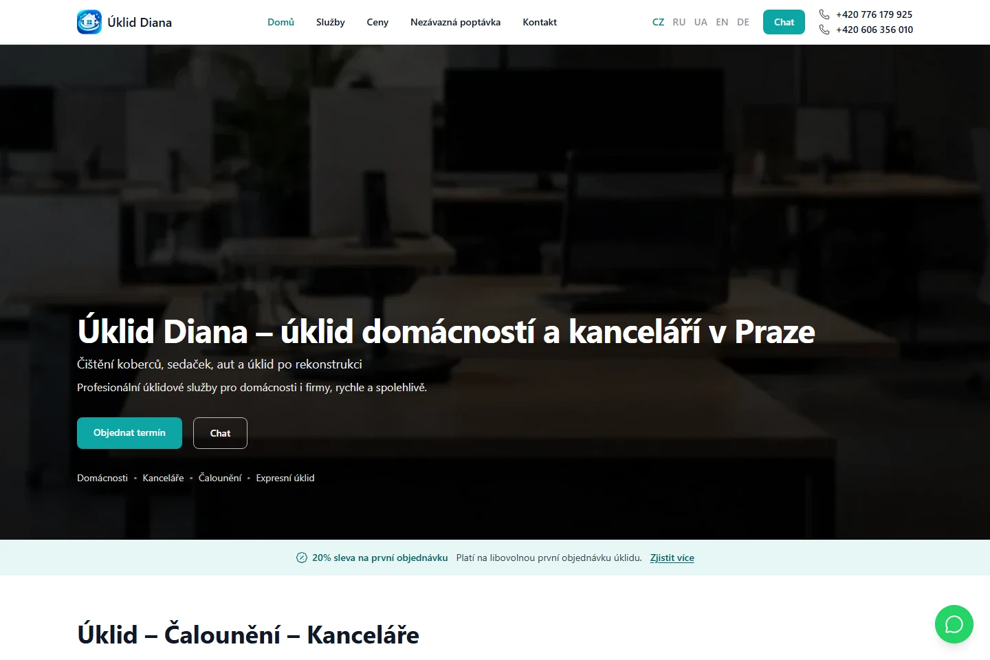 Úvodní stránka Diana Úklid s nabídkou úklidových služeb a objednáním