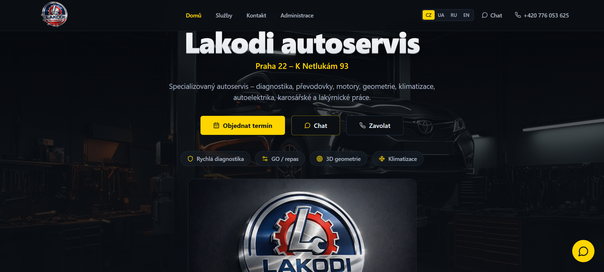 Úvodní stránka autoservisu LAKODI s nabídkou služeb a objednáním termínu
