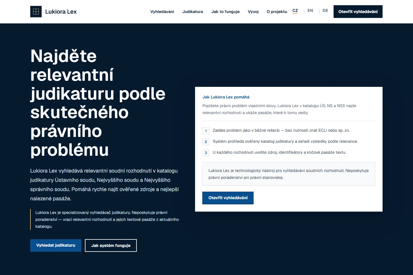 Úvodní stránka Lukiora Lex s vyhledáváním v české judikatuře